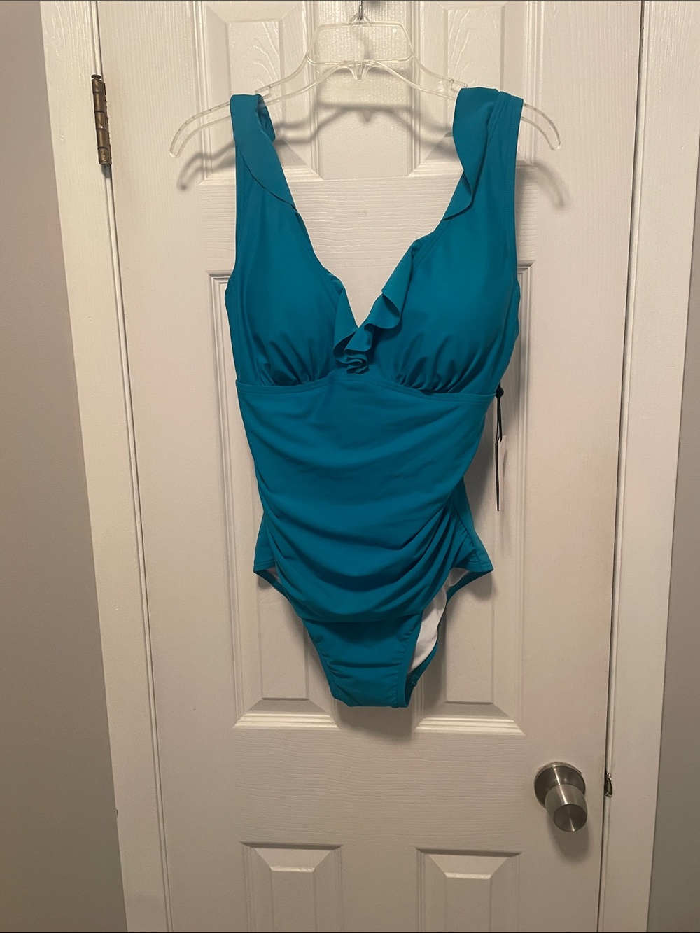 DKNY Teal Ruffle V-Neck One-Piece Swimsuit